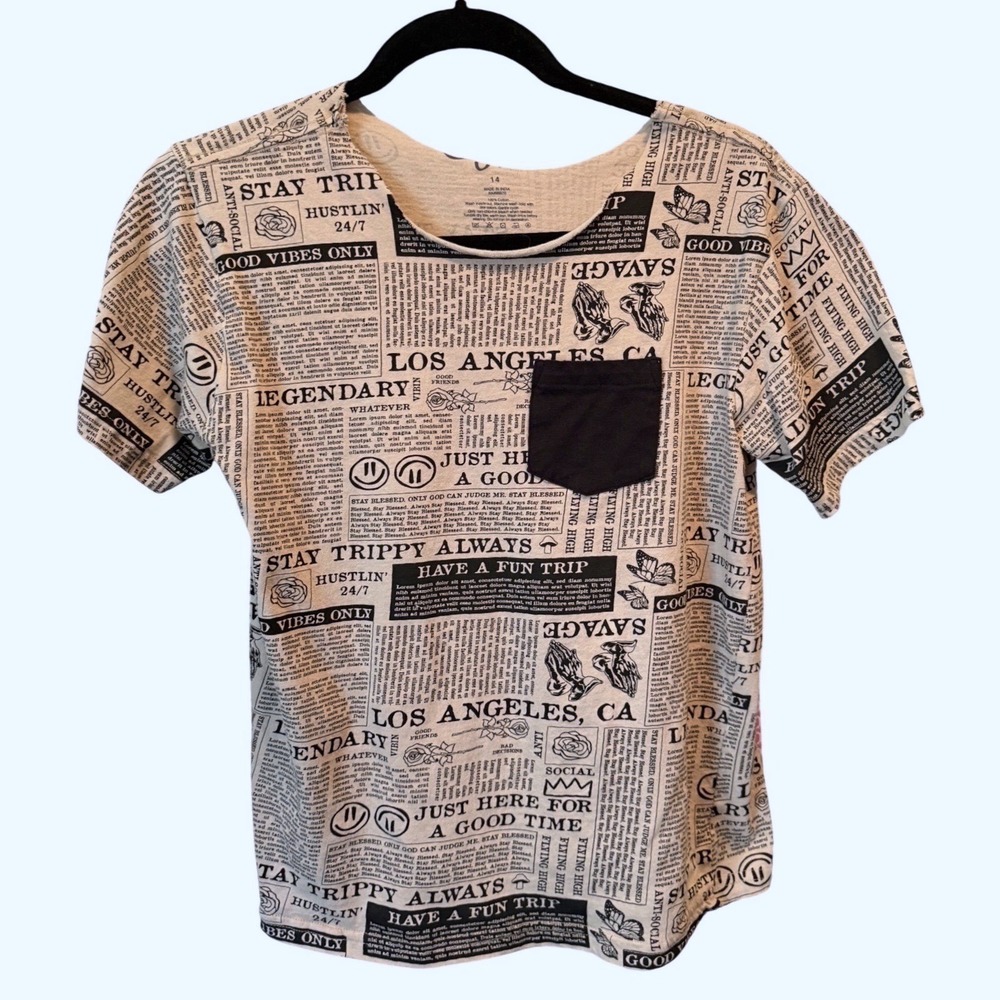 Eighty Eight Brand Boys Newspaper Print Graphic Tee Los Angeles Beige Black 14